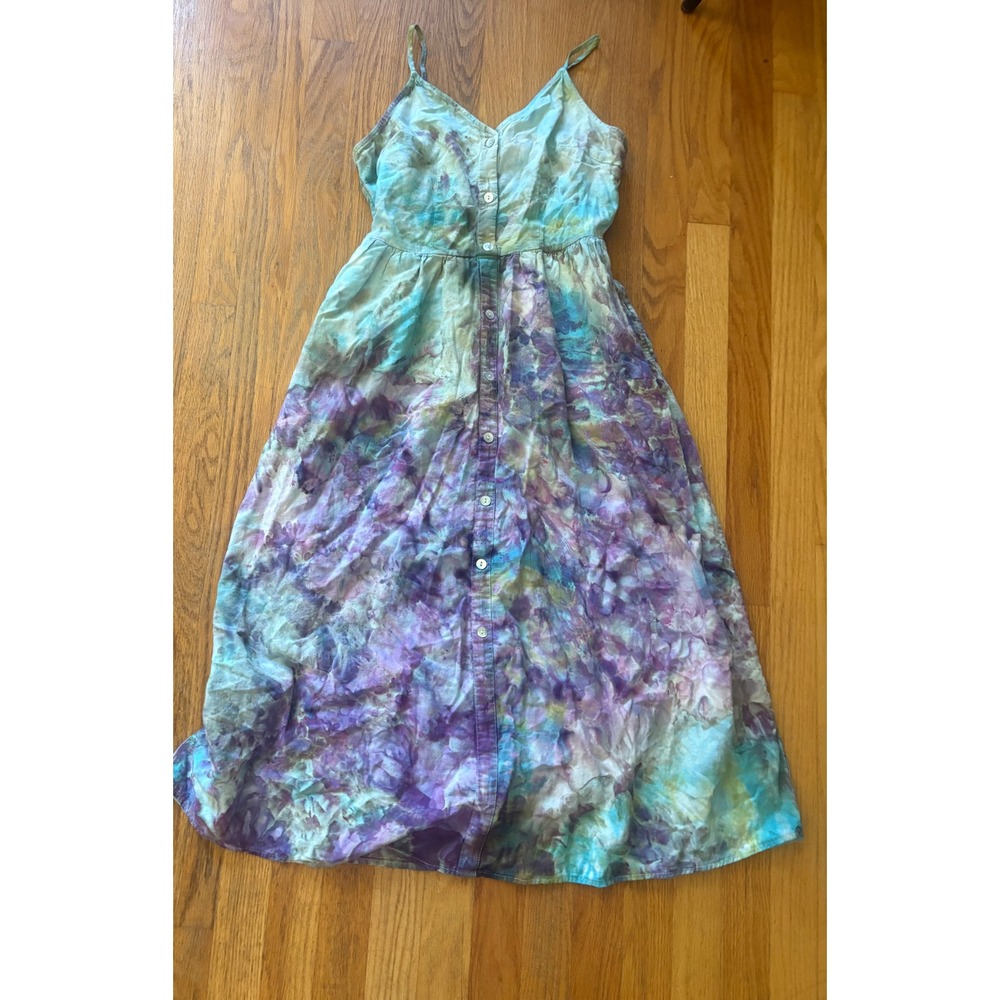 A New Day‎ Ice Dyed Upcycled Midi Dress Purple Teal Blue Button Front Small